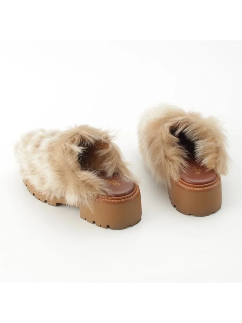 Celine Fur Triomphe Platform Sandals Brown
